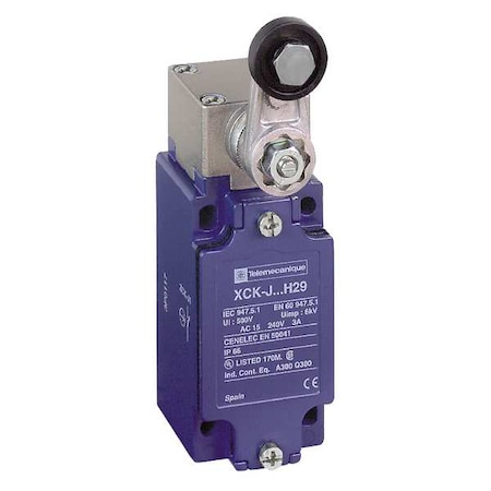 Telemecanique Sensors Heavy Duty Limit Switch, Roller Lever, Rotary, 1NC/1NO, 10A at 240V AC, Actuator Location: Side XCKJ10511H7