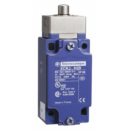 Telemecanique Sensors Heavy Duty Limit Switch, Plunger, 1NC/1NO, 10A at 240V AC, Actuator Location: Top XCKJ161H7
