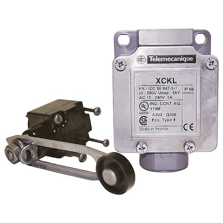 Telemecanique Sensors Limit Switch, Roller Lever, Rotary, 1NC/1NO, 10A at 240V AC, Actuator Location: Side XCKL141H7