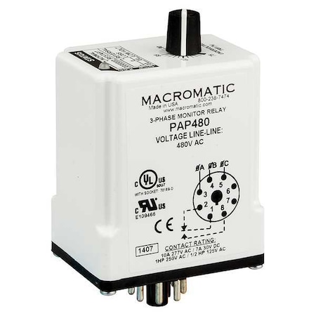 Macromatic 3 Phase Monitor Relay, SPDT, 208VAC, 8 Pin PAP208