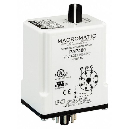 Macromatic 3 Phase Monitor Relay, SPDT, 240VAC, 8 Pin PAP240