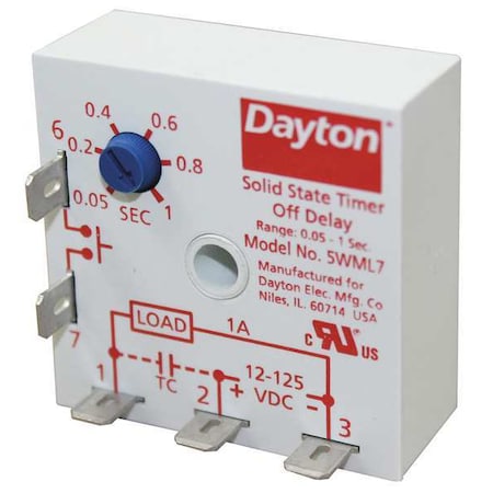 Dayton Single Function Encapsulated Timing Relay, Square, Off Delay, 1 Functions 125V DC, SPST-NO 5WML7