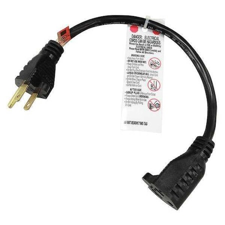 Zoro Select SJT Extension Cord, 16 AWG, Indoor, 16/3, 1 Outlets, 5-15R, Black, PVC, 5-15P, 1 ft 5XFP6ID