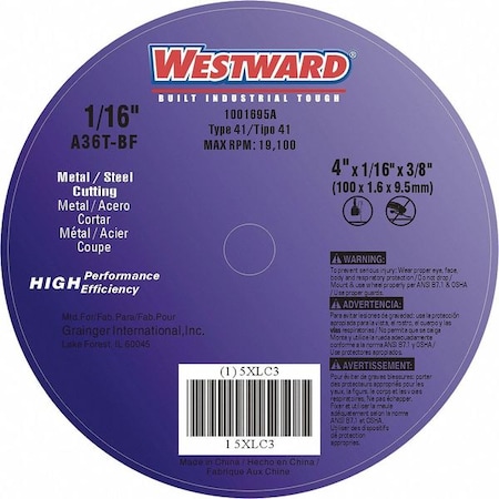 Westward Abrasive Cut-Off Wheel, Type 1, 4 in Dia, 0.0625 in Thick, 3/8 in Arbor Hole Size, Aluminum Oxide 5XLC3