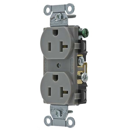 Hubbell Wiring Device-Kellems Straight Blade Receptacle, 5-20R, 20 A, 125V AC, 2 Pole, 3 Wire, Flush Mount, Grounded CR20GRY