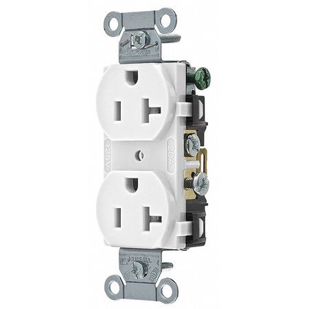 HUBBELL Straight Blade Receptacle, Duplex, 5-20R, 20 A, 125V AC, 2 Poles, Screw Terminals, White CR20WHI