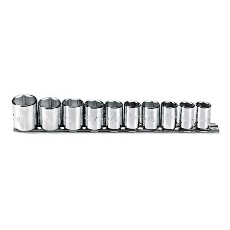 Proto 3/8" Drive 10 Piece Socket Set - 6 Point, Socket Set, Chrome, SAE, 5/16 to 7/8 in, 6Pt J52122