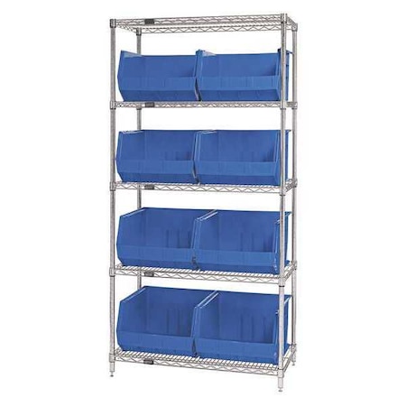 Partners Brand Wire Shelving Unit with (8) Bins, 5 Shelf, 36" x 18" x 74", Blue, 1/Each WSBQ270B