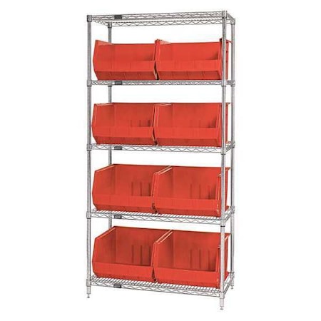Partners Brand Wire Shelving Unit with (8) Bins, 5 Shelf, 36" x 18" x 74", Red, 1/Each WSBQ270R