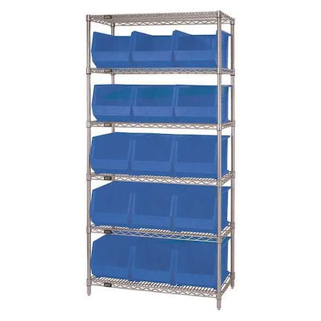 Partners Brand Wire Shelving Unit with (15) Bins, 6 Shelf, 36" x 18" x 74", Blue, 1/Each WSBQ260B