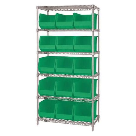 Partners Brand Wire Shelving Unit with (15) Bins, 6 Shelf, 36" x 18" x 74", Green, 1/Each WSBQ260G