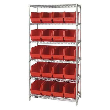 Partners Brand Wire Shelving Unit with (20) Bins, 6 Shelf, 36" x 18" x 74", Red, 1/Each WSBQ265R