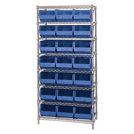 Partners Brand Wire Shelving Unit with (21) Bins, 8 Shelf, 36" x 18" x 74", Blue, 1/Each WSBQ225B