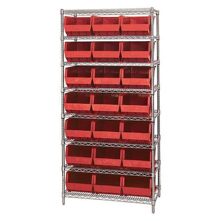 Partners Brand Wire Shelving Unit with (21) Bins, 8 Shelf, 36" x 18" x 74", Red, 1/Each WSBQ225R