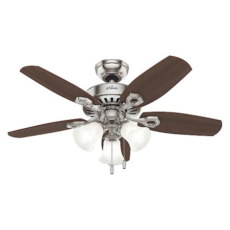 Hunter Decorative Ceiling Fan, 42 in Blade Dia, 5 Blades, 3 Speeds, 120V AC, Brush Nickel 52106