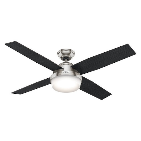Hunter Decorative Ceiling Fan, 52 in Blade Dia, 4 Blades, 3 Speeds, 120V AC, Brush Nickel 59216