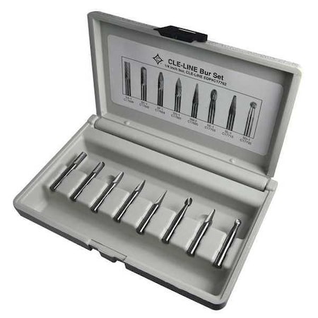 Cle-Line 8PC 1/4X1/8 Hardened Steel Shank Standard Cut Carbide Cle-Line 1855 Bur Set C17762