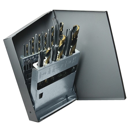 Cle-Line 18PC, N36, N29, N25, N21, N7, F, 5/16, U, 27/64 HSS Blk&Gld HD Jobber Dril & Spiral Pnt Tap Set Cle-Line 1878 C21192