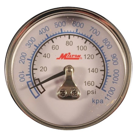Milton Mini Hi Pressure Gage, 1/4" NPT, 0-160PSI, 1/4 in NPT Center Back Location, ABS Case Material 1191