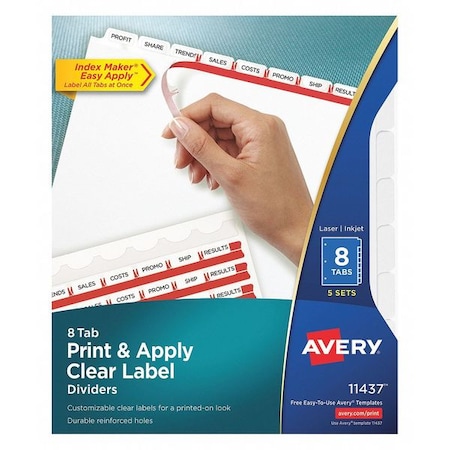 Avery Dennison Print-On Clear Label Dividers, Laser/Inkjet, 8 Tab, Pk5 11437