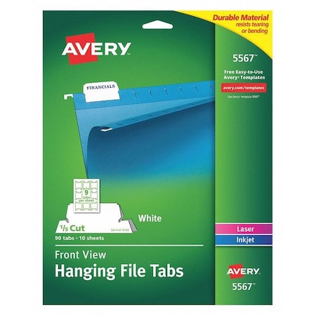 Avery Dennison Hanging File Tabs, White, Pk90 5567