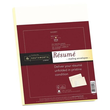 Southworth Resume Envelopes, Ivory, 9x12, PK25 RF#4Q