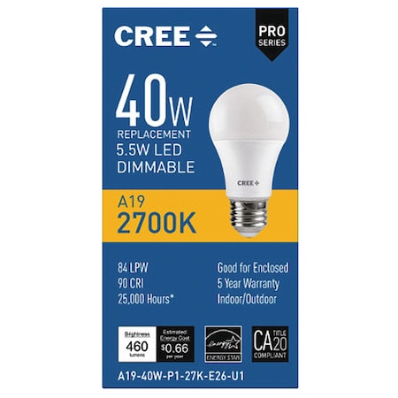 Professional By Cree Lamp, LED, Cree A19-40W-P1-27K-E26-U1