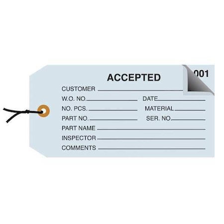 Partners Brand Inspection Tags, 2 Part, Numbered 001-499, Pre-Strung, "Accepted", 4 3/4" x 2 3/8", Blue, 500/Case G21012