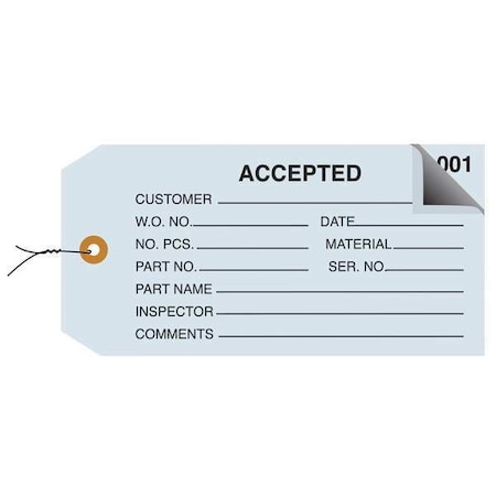 Partners Brand Inspection Tags, 2 Part, Numbered 001-499, Pre-Wired, "Accepted", 4 3/4" x 2 3/8", Blue, PK500 G21013