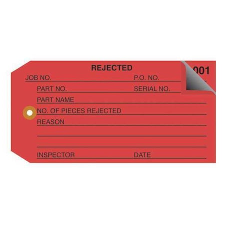 Partners Brand Inspection Tags, 2 Part, Numbered 001-499, "Rejected", 4 3/4" x 2 3/8", Red, PK500 G21021