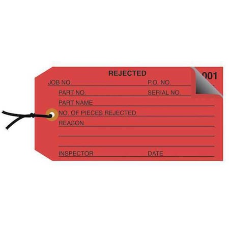 Partners Brand Inspection Tags, 2 Part, Numbered 001-499, Pre-Strung, "Rejected", 4 3/4" x 2 3/8", Red, PK500 G21022