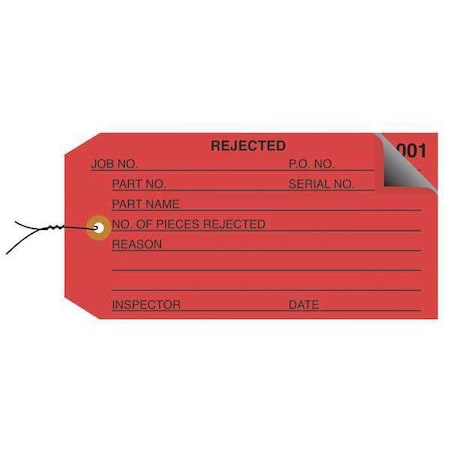 Partners Brand Inspection Tags, 2 Part, Numbered 001-499, Pre-Wired, "Rejected", 4 3/4" x 2 3/8", Red, PK500 G21023