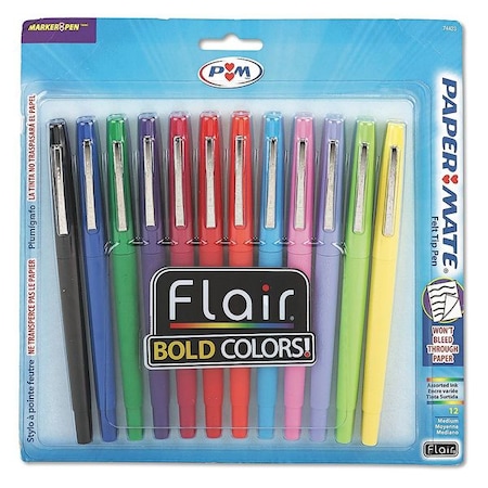 Paper Mate Point Guard Flair Felt Tip Porous Point Pen, Stick, Medium 0.7 mm, Assorted Ink/Barrel Colors, PK12 74423