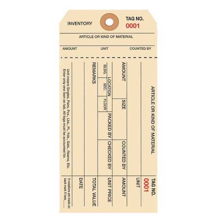 Partners Brand Inventory Tags, Stub, 6 1/4x3 1/8", PK1000, 10 Point Cardstock, 6 1/4" W, Manila, 1000 PK G18021