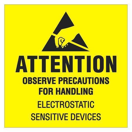 Tape Logic Tape Logic Labels, "Attention - Observe Precautions", 2" x 2", Fluorescent Yellow/Black, 500/Roll DL1369