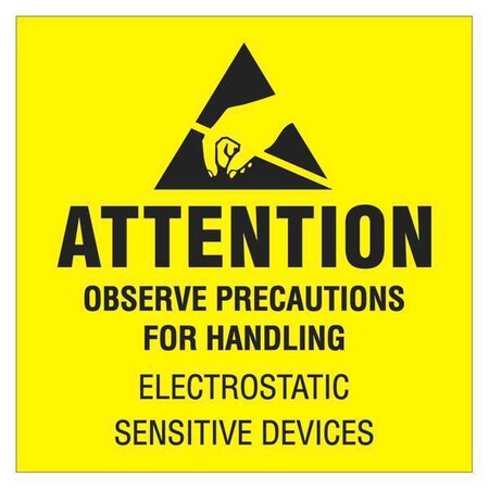 Tape Logic Tape Logic Labels, "Attention - Observe Precautions", 4" x 4", Black/Yellow, 500/Roll DL9081