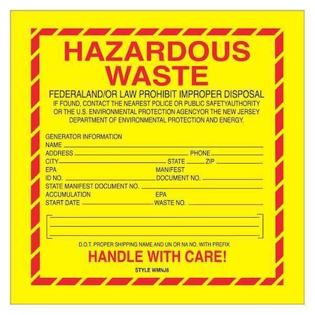 Tape Logic Tape Logic Labels, "Hazardous Waste - New Jersey", 6" x 6", Red/Yellow/Black, 500/Roll DL7520