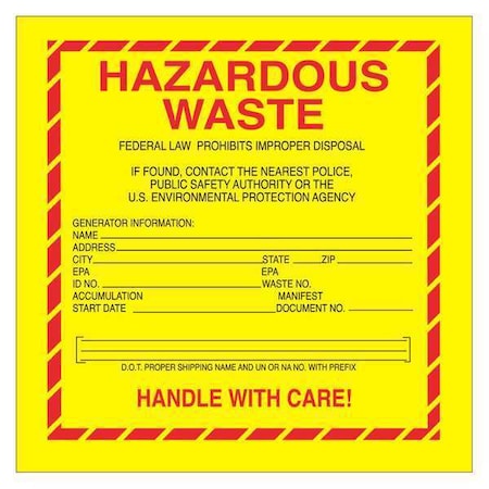 Tape Logic Tape Logic Labels, "Hazardous Waste - Standard", 6" x 6", Red/Yellow/Black, 500/Roll DL7530