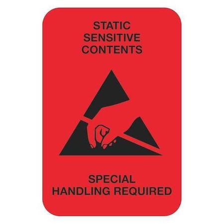 Tape Logic Tape Logic Labels, "Static Sensitive Contents", 2" x 3", Fluorescent Red, 500/Roll DL1372