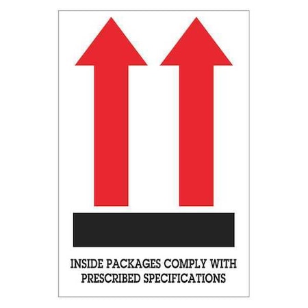 Tape Logic Tape Logic Labels, "Inside Packages Comply", Arrow, 4" x 6", Red/White/Black, 500/Roll DL1480