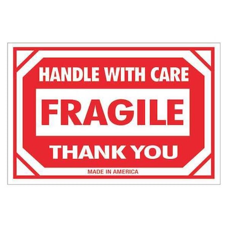 Tape Logic Tape Logic Labels, "Fragile - Handle With Care", 2" x 3", Red/White, 500/Roll DL1053