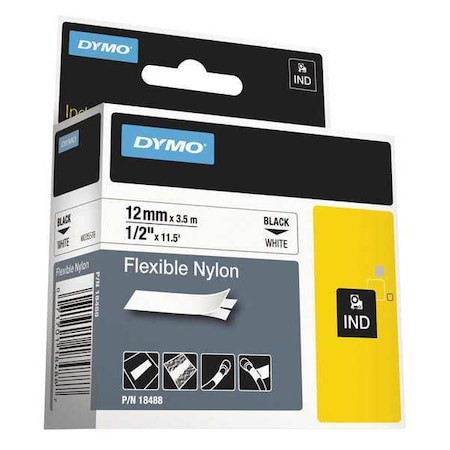 Dymo Rhino Flexible Nylon Industrial Label Tape, 0.5" x 11.5 ft, White/Black Print 18488