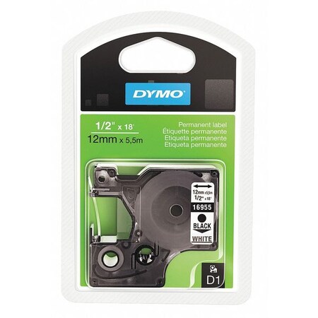 Dymo Label Tape, Permanent, 1/2", Black/White 16955