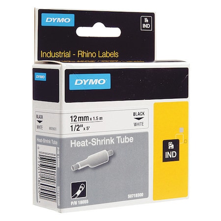 Dymo Rhino Heat Shrink Tubes Industrial Label Tape, 0.5" x 5 ft, White/Black Print 18055