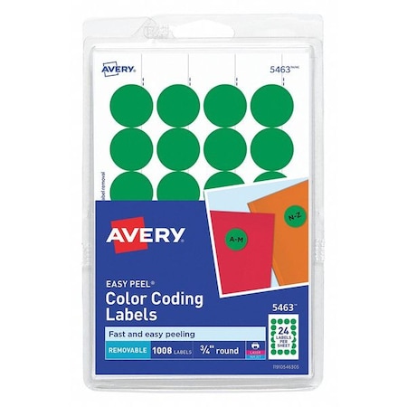 Avery Dennison Label, 0.75", Round, Green, PK1008 05463