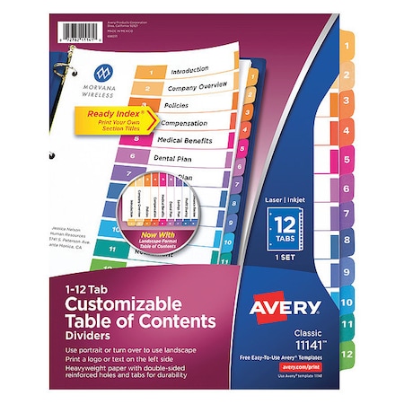 Avery Dennison Table of Contents Index 8-1/2 x 11", Assorted Colors, PK12 11141