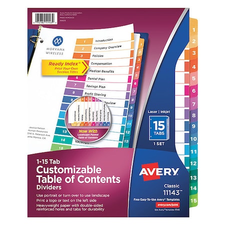 Avery Dennison Table of Contents Index Divider 8-1/2 x 11", Assorted, PK15 11143