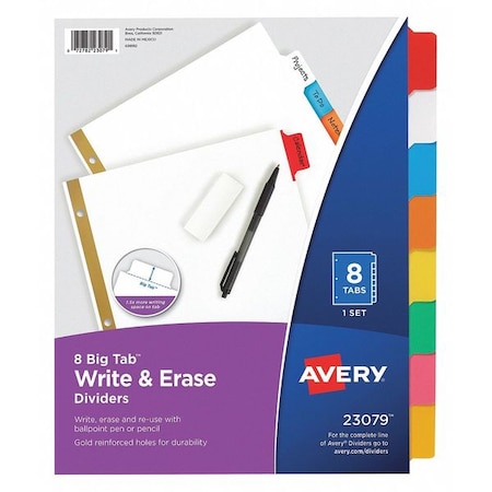 Avery Dennison Write & Erase Index Dividers 8-1/2 x 11", 8 Tab, Multicolor, PK8 23079