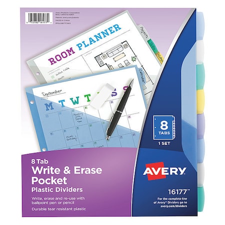 Avery Dennison Write & Erase Pocket Dividers, 8 Tabs, Assorted Colors 16177