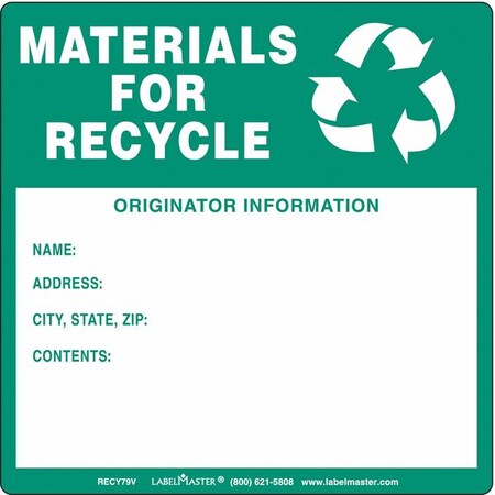 Labelmaster Materials for Recycle Label Origin Pk100 RECY79V Zoro